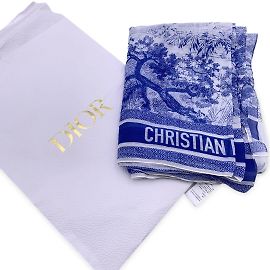 Christian Dior Lenço xale azul branco de algodão Toile De Jouy Sauvage Azul