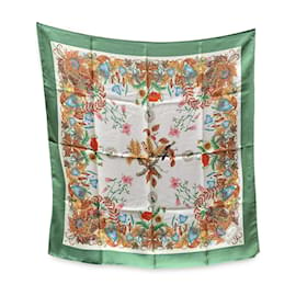 Gucci-Bufanda de seda floral con pájaros temáticos de otoño Accornero verde vintage-Verde