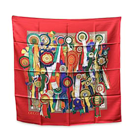 Gucci-Vintage Red Silk Horse Ribbon Equestrian Scarf-Red
