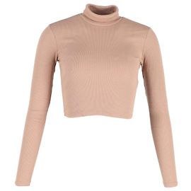 Reformation Davy Cropped Ribbed Turtleneck Tee in Nude Organic Cotton Brown Flesh