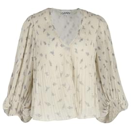 Ganni-Ganni Balloon Sleeve Pleated Georgette Blouse In Floral Print Polyester-White,Cream