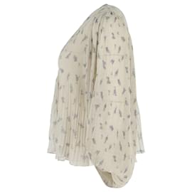Ganni-Blusa Georgette plissada com manga balão Ganni em poliéster com estampa floral-Branco,Cru