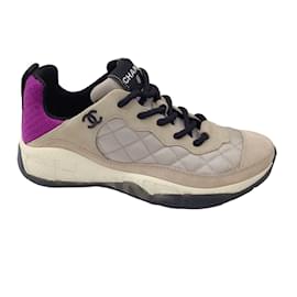 Autre Marque-Chanel Taupe / purple / Black CC Logo Suede Leather Trimmed Quilted Low-Top Sneakers-Multiple colors