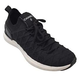 Autre Marque-Chanel Black Fabric Logo Matelasse Knit Low-Top Sneakers-Black