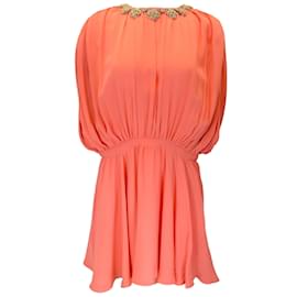 Valentino-Valentino Coral Embellished Collar Silk Dress-Orange