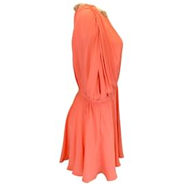 Autre Marque-Valentino Coral Embellished Collar Silk Dress-Orange