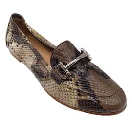 Autre Marque-Salvatore Ferragamo Taupe / green / Silver Bit Detail Snake Print Loafers / Flats-Multiple colors