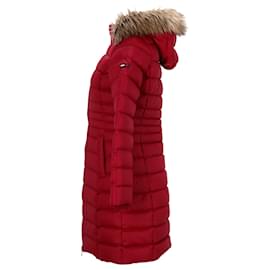 Tommy Hilfiger-Abrigo acolchado con capucha de piel sintética para mujer-Roja