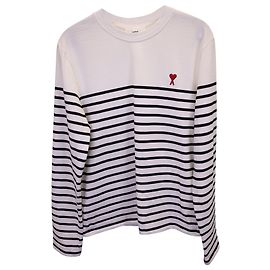 Camiseta Ami Paris Breton Stripe de manga comprida em algodão branco Branco