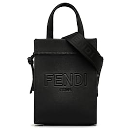 Fendi-Fendi Black Logo Shopper Leather Satchel-Black
