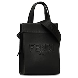 Fendi-Fendi Black Logo Shopper Leather Satchel-Black