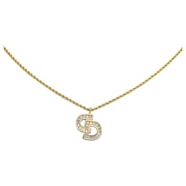 Dior-Dior Gold Logo Rhinestone Pendant Necklace-Golden