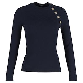 Balmain-Balmain Button-Detail Sweater in Navy Blue Cotton-Navy blue