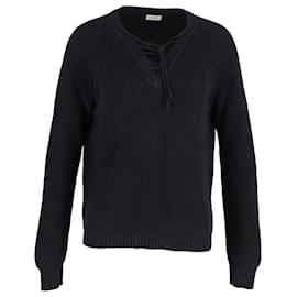 Saint Laurent-Saint Laurent Rib-Knit Lace-Up Sweater in Black Cotton Wool-Black