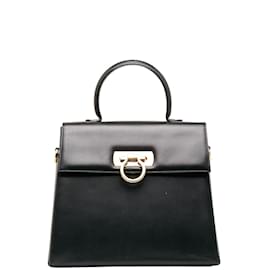 Salvatore Ferragamo-Leather Gancini Handbag E-21 0536-Black