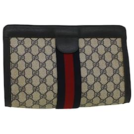 Gucci-GUCCI GG Canvas Sherry Line Clutch Bag PVC Leather Navy Red Auth th4256-Red,Navy blue