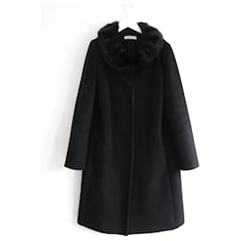 Prada-Prada AW06 Manteau noir à col en fourrure de laine-Noir