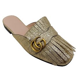 Autre Marque Gucci Crackled Gold Metallic Leather Marmont Fringe Loafer Mules Golden