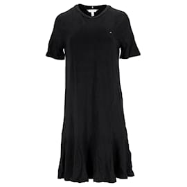 Tommy Hilfiger-Tommy Hilfiger Damen-T-Shirt-Kleid mit Rüschensaum aus schwarzer Viskose-Schwarz