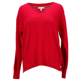 Tommy Hilfiger-Suéter feminino Tommy Hilfiger com decote em V canelado em algodão rosa-Rosa