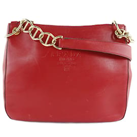 Prada-Prada Vitello Daino Zip Shoulder Bag Bolsa de couro em bom estado-Vermelho