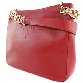 Prada-Prada Vitello Daino Zip Shoulder Bag Bolsa de couro em bom estado-Vermelho