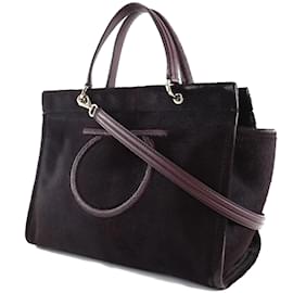 Salvatore Ferragamo-Gancini Leather Handbag EE-21 H237-Brown