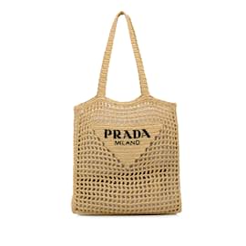 Prada-Tan Prada Crochet Raffia Logo Tote-Camel