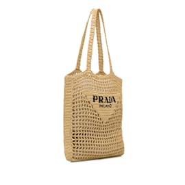 Prada-Tan Prada Crochet Raffia Logo Tote-Camel