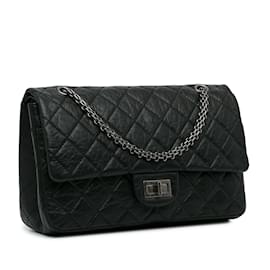 Chanel-Reedición de Chanel negro 2.55 Solapa forrada en piel de becerro envejecida 227 Bolsa de hombro-Negro