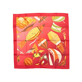 Hermès-Roter und mehrfarbiger Seidenschal mit Hermès-Les-Folies-du-Ciel-Motivdruck-Rot