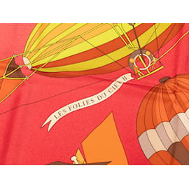 Hermès-Red & Multicolor Hermes Les Folies Du Ciel Motif Print Silk Scarf-Red