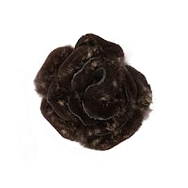 Chanel-Brown Chanel Rabbit Fur Camellia Lapel Pin-Brown