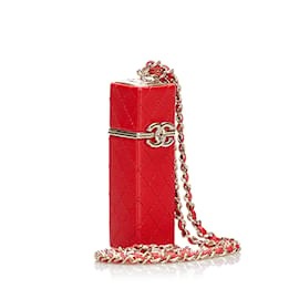 Chanel-Estojo de batom quadrado Red Chanel CC Lambskin em corrente-Vermelho