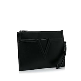 Versace-Clutch preta de couro com logotipo Versace V-Preto