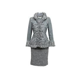 Oscar de la Renta-Light Blue & Grey Oscar de la Renta Wool & Cashmere Skirt Suit Size UK 4,8-Blue