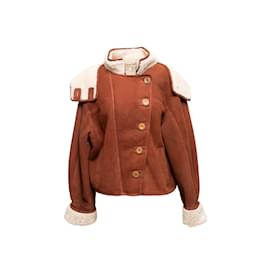 Ulla Johnson-Tan & Cream Ulla Johnson Shearling Hooded Jacket Size XL-Camel