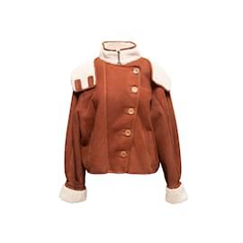 Ulla Johnson-Tan & Cream Ulla Johnson Shearling Hooded Jacket Size XL-Camel