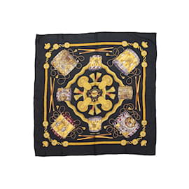 Hermès-Bufanda de seda estampada Hermes Les Tambours negra y multicolor-Negro