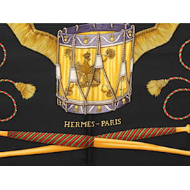 Hermès-Bufanda de seda estampada Hermes Les Tambours negra y multicolor-Negro