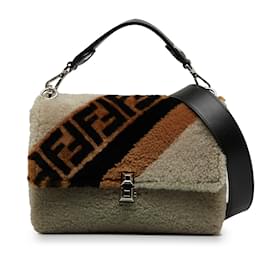 Fendi-Marrón Fendi Shearling Macro Zucca 1974 Bolso Kan I-Castaño