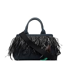 Prada-Black Prada Mini Canapa Convertible Canvas and Feather Tote Satchel-Black