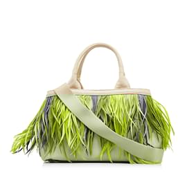 Prada-Brown Prada Mini Canapa Convertible Canvas and Feather Tote Satchel-Brown
