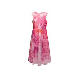 Autre Marque-Rosa-rotes Monique Lhuillier-Kleid mit Blumendruck und Ausschnitt, Größe US 14-Pink