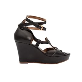 Hermès-Black Hermes Leather Strappy Wedge Sandals Size 40.5-Black
