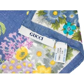 Gucci-Blue & Multicolor Gucci Floral Print Linen Scarf-Blue