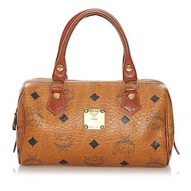 MCM-Brown MCM Visetos Leather Boston Bag-Brown