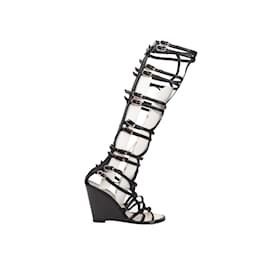 Chanel-Black Chanel Knee-High Gladiator Wedge Sandals Size 37-Black