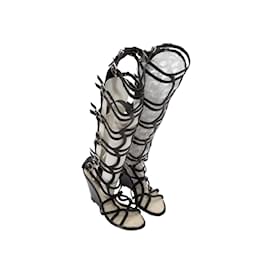 Chanel-Sandalias de cuña de gladiador hasta la rodilla Chanel negras Talla 37-Negro