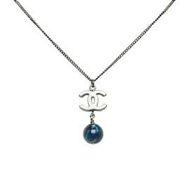 Chanel-Silver Chanel CC Faux Pearl Pendant Necklace-Silvery
